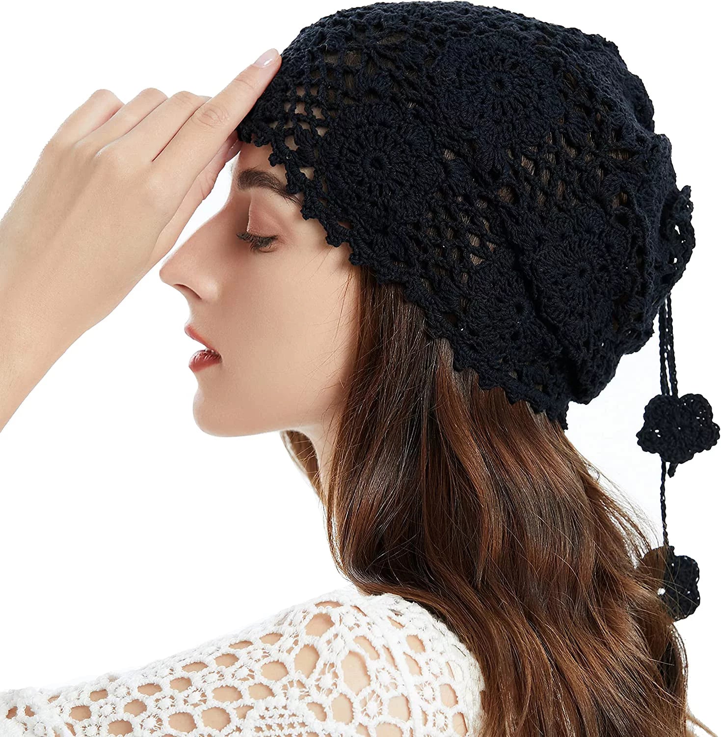 Women Cotton Crochet Slouchy Beanie Hat Handmade Knit Cutout Summer Floral Skull Cap