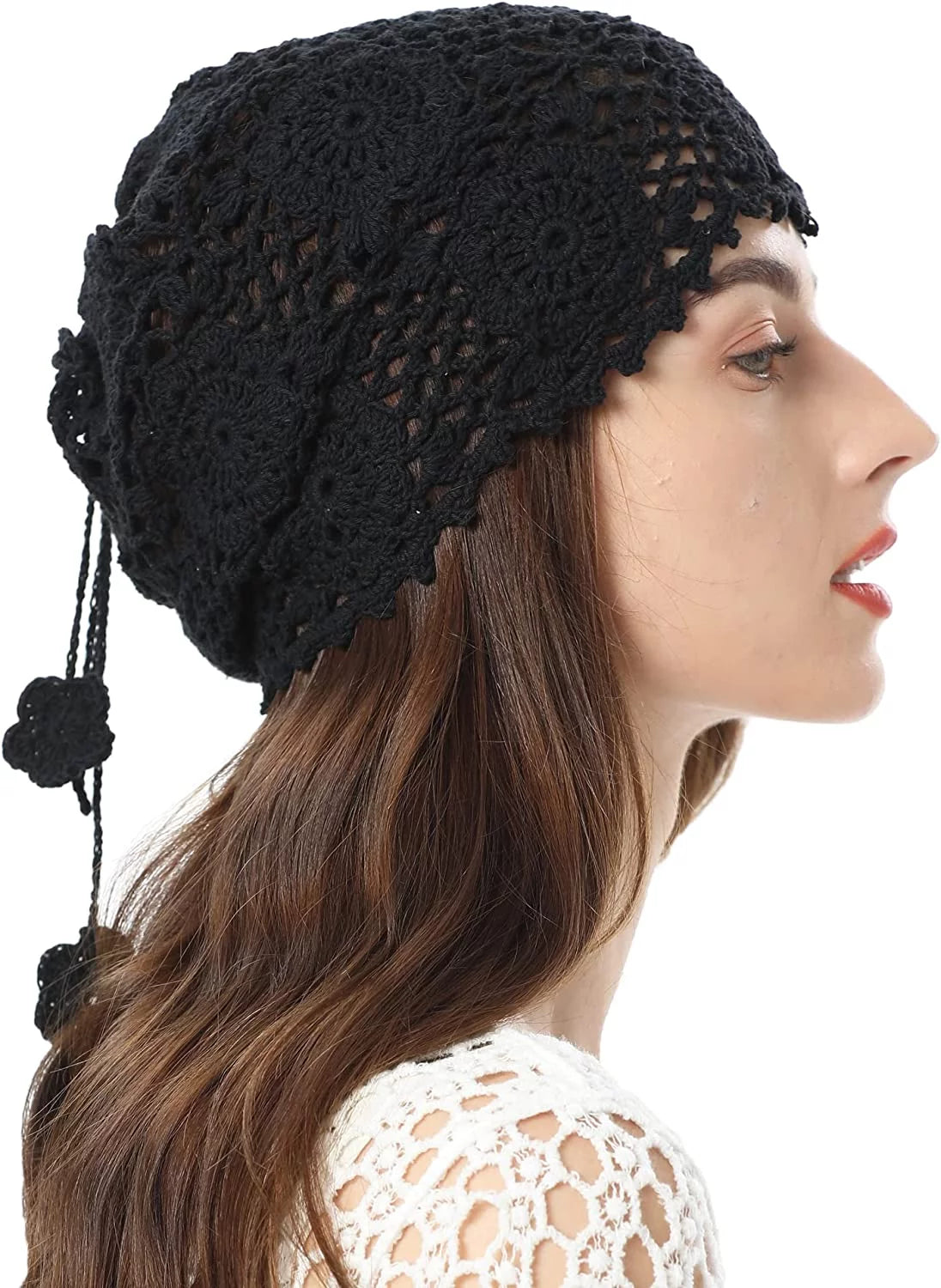 Women Cotton Crochet Slouchy Beanie Hat Handmade Knit Cutout Summer Floral Skull Cap