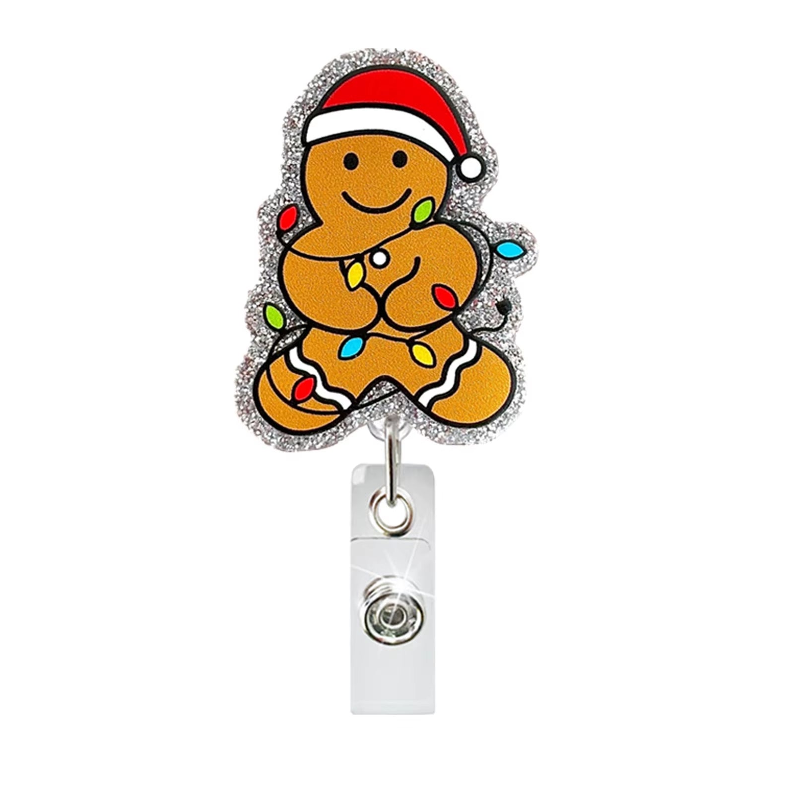 Cute Acrylic Badge Holder Cartoon Glitter Gingerbread Man Santa Claus Id Holder Christmas Gift Student Name Clip Badge Reel